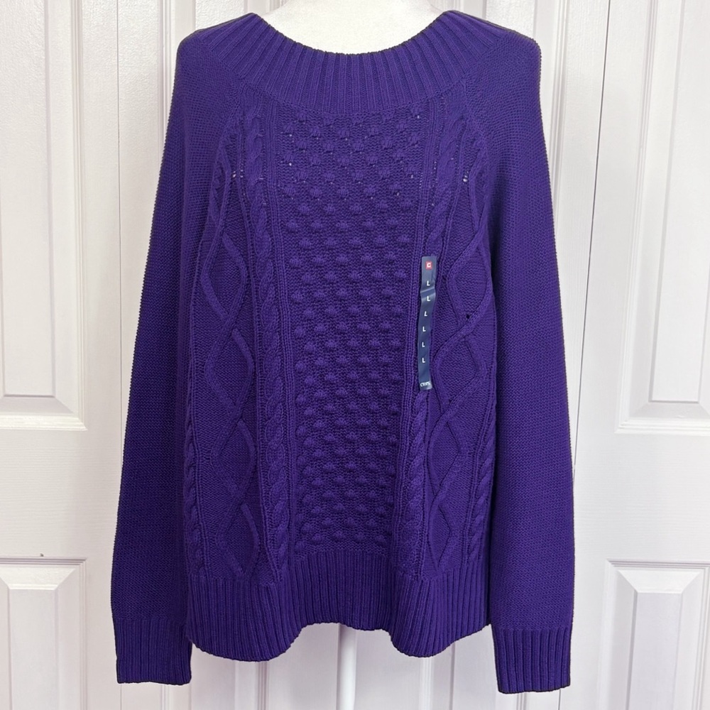 NWT Chaps Purple Cotton Blend Bauble Cable Knit Pullover Sweater Large
